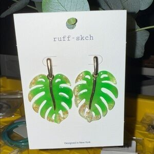 🆕🌴RUFF-SKCH: Green/Gold Acid Wash Palm Tree Leaf Dangle Earrings